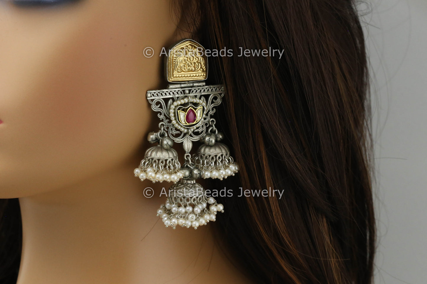 925 Silver Polish Ruby Kundan Jhumka