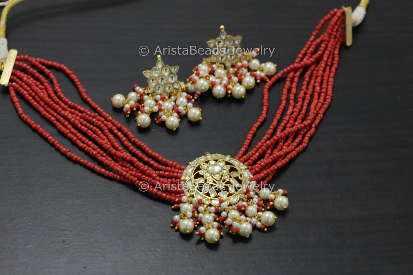 Coral Red Pachi Kundan Necklace Set