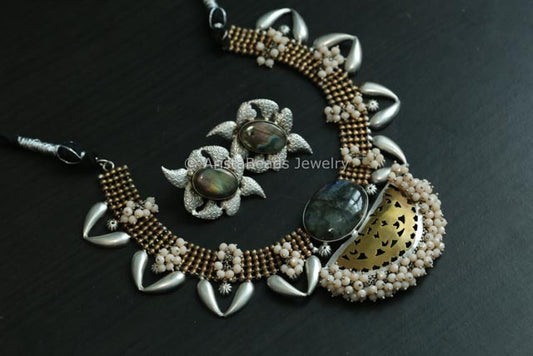 Real Labradorite Stone Silver Replica Set - Light Peach
