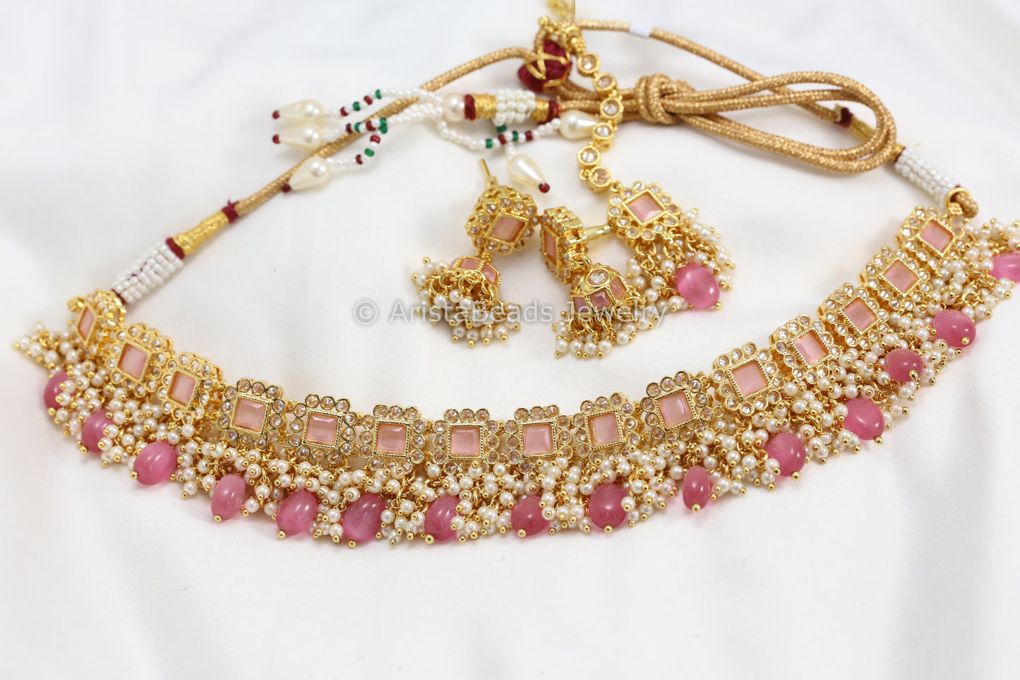CZ Polki & Pink Monalisa Stones Necklace Set