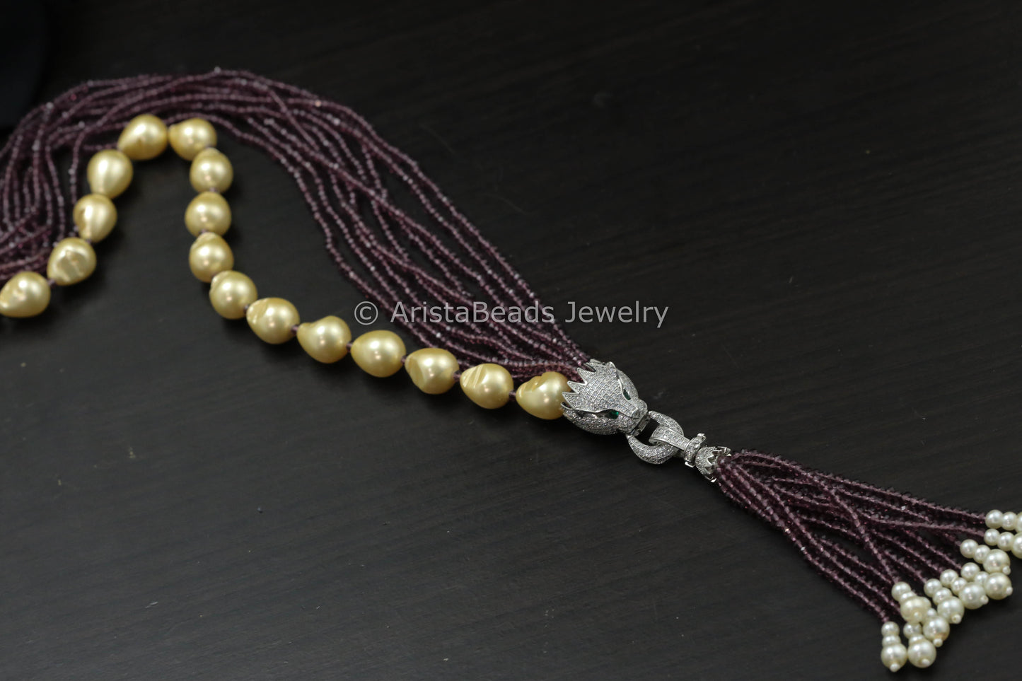 Micro Pave Tassel Pendant In Pearls & Crystal Beads- Wine
