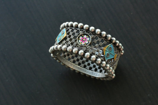 Enamel Oxidized Silver Look Bangle - Blue
