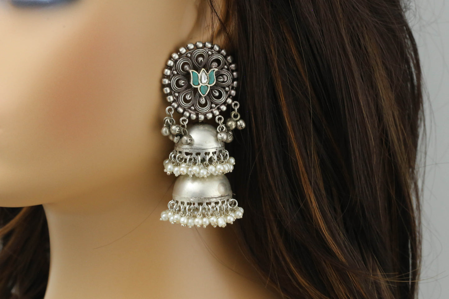 Silver Polish Turquoise Kundan Jhumka