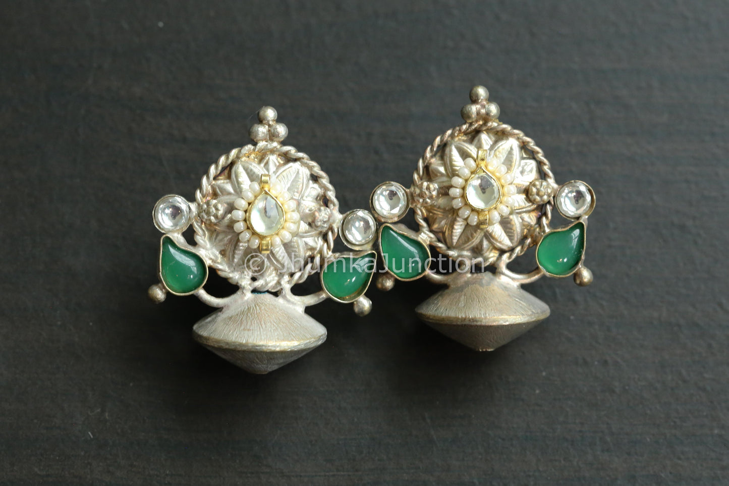 Small 925 Silver Polish Kundan Earring - Green