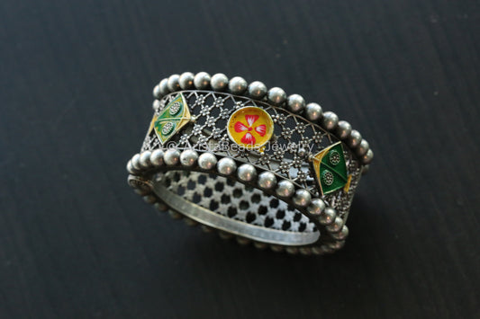 Enamel Oxidized Silver Look Bangle - Green Yellow