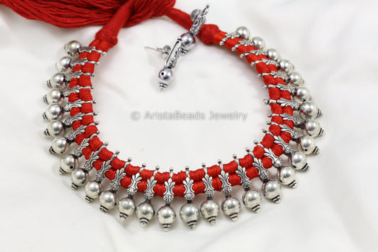 Silver Look Alike Thread Necklace - Red