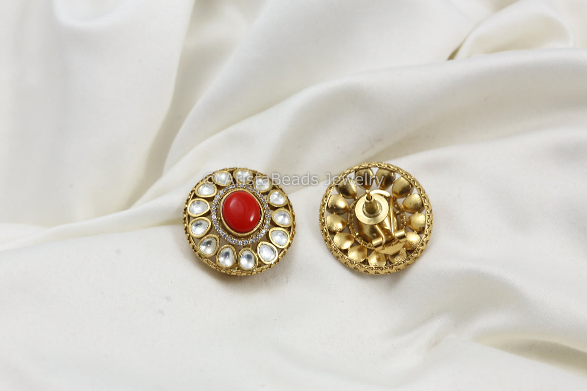 Real Coral,  Uncut Polki & Micro CZ Studs