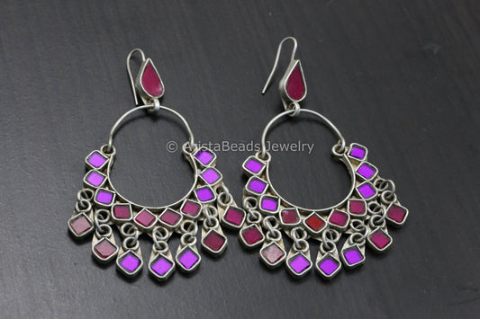 Real Glass Silver Look Alike Chandbaali - Purple Red