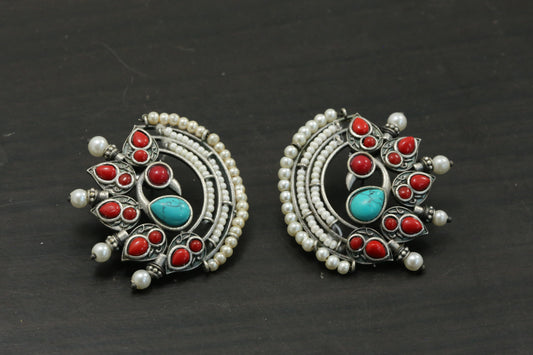 Silver Look Alike Studs - Turquoise Coral