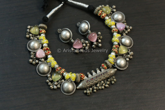 Amrapali Silver Look Alike  Tabeez Necklace Set  -Yellow Pink