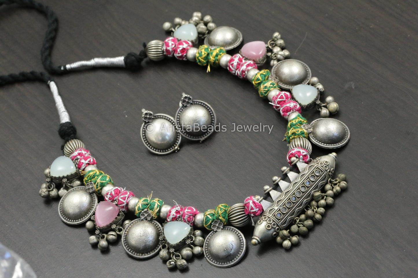 Amrapali Silver Look Alike  Tabeez Necklace Set  - Pink Green