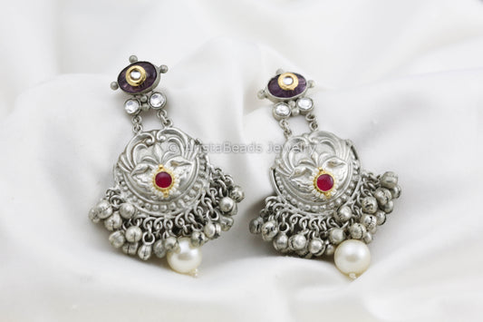 Silver Polish Ruby Kundan Earrings