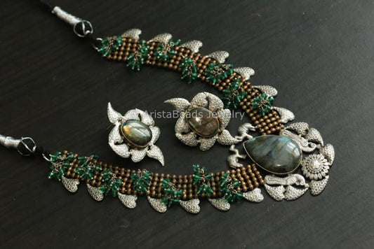Real Labradorite Stone Silver Replica Set - Green